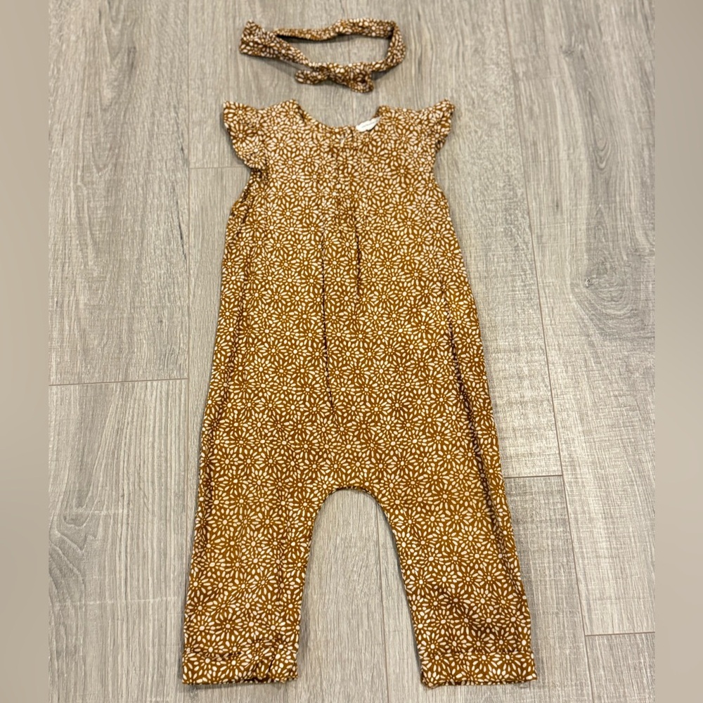 VERTBAUDET - Floral Brown Jumpsuit + Headband Set, for Baby Girls - 18M